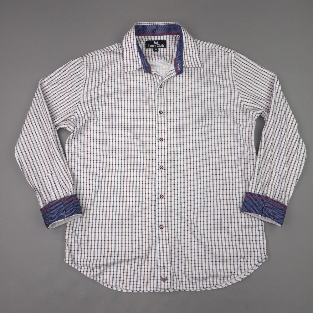 Butter Cloth Shirt Mens XL White Check Cotton Long Sleeve Contrast Cuff Trim